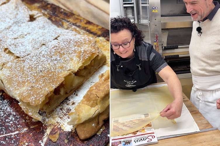 Der Strudelteig von Lilli Philipp ist so hauchdünn, dass Harald Nachförg sogar das Servus-Magazin durchlesen kann.